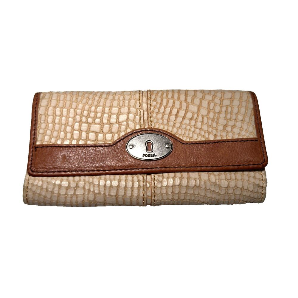 Fossil Wallet Brown Leather Snake Skin Pattern Card Holder Zipper Pockets NWOT